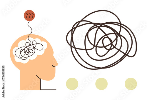 Human head in profile with tangled lines in brain symbolizing confusion, stress, or overthinking. Speech bubble with three question marks. Ideal for mental health, psychology, stress, overthinking