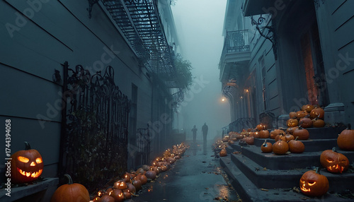 Vicolo urbano nebbioso e inquietante decorato con un sentiero di Jack-o'-lantern e zucche per Halloween.
