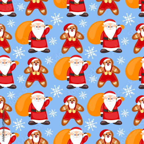 Seamless Christmas pattern with Santa, gingerbread cookies and snowflakes on light blue background. Ideal for gift wrap, textiles, paper and festive design.