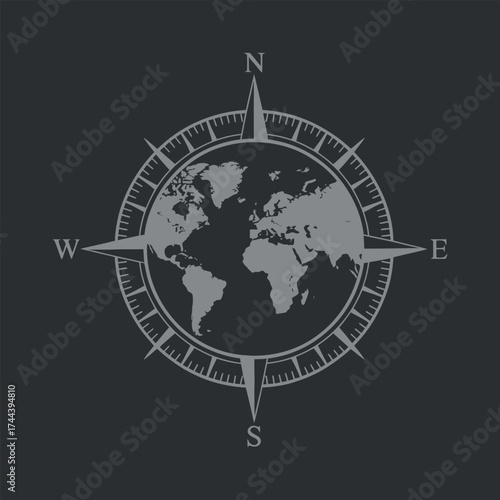 World Map Compass Rose Vector Illustration Directional Guidance