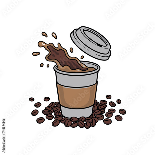 Coffee Cup Splash with Beans Vector Illustration Hot Beverage