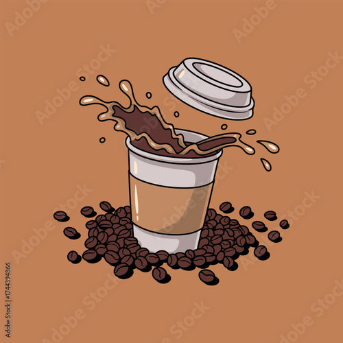 Takeaway Coffee Cup Illustration with Beans, Coffee Splash Isolated
