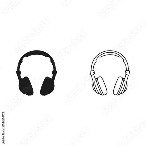 Headphones icon, black and white outline illustration audio music sound earphones headset listen technology