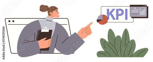Businesswoman pointing at KPI charts with clipboard, focusing on data analysis. Ideal for productivity, performance tracking, teamwork, business planning, efficiency, monitoring, corporate strategy