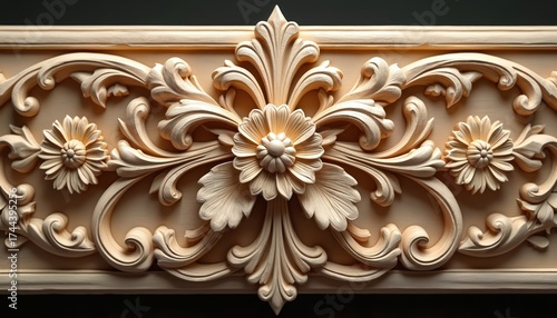 Intricate wood carving displays a floral motif with delicate swirling leaf patterns. This natural wood ornament features detailed craftsmanship and elegant curves, suitable for classic decor.