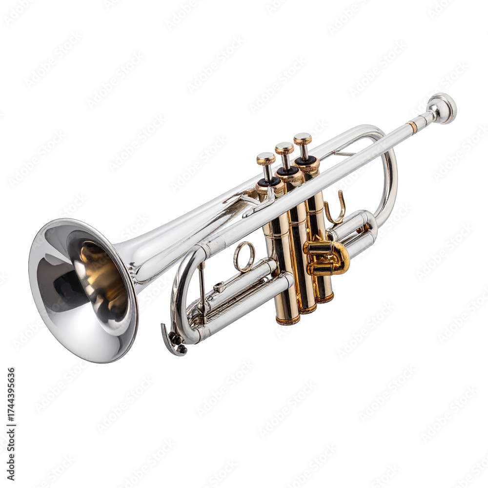 Obraz premium A gleaming, silver trumpet with gold accents, isolated against a stark black background