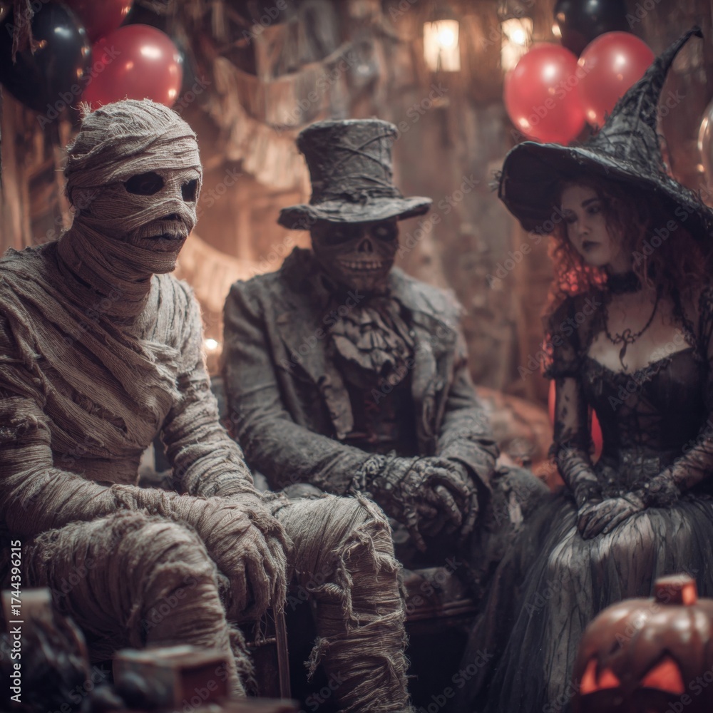 Fototapeta premium Spirits and shadows: revelers transformed in a surreal halloween fest. Commercial image. Whispering monsters: mummy twirls as friends circle in crimson and noir. Professional look.