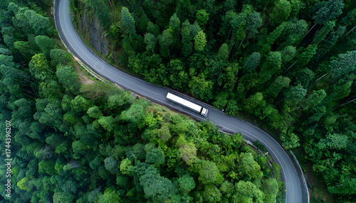 Wallpaper Mural Aerial view semi truck trailer cargo on mountain curve road, Semi truck trailer cargo business logistic transportation on green forest road curve, Semi truck delivery asphalt road green forest tree. Torontodigital.ca