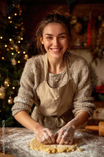 Wallpaper Mural Smiling Woman Baking Holiday Treats in Cozy Kitchen Near Christmas Tree Torontodigital.ca