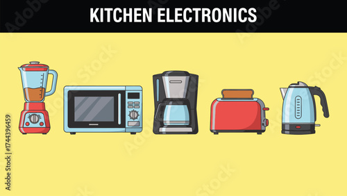 Assorted appliances for food preparation on yellow ground bundle design