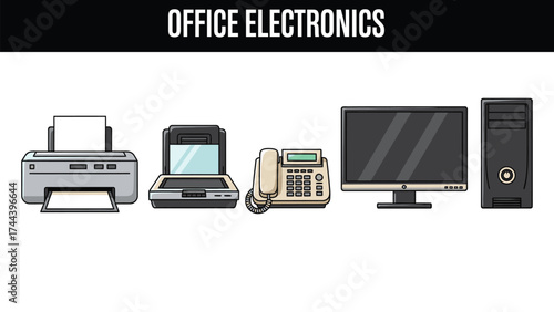 Illustration showing various office equipment in a row bundle design