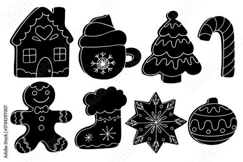 A collection of stamps and silhouettes of festive Christmas baked goods and gingerbread. Vector graphics.