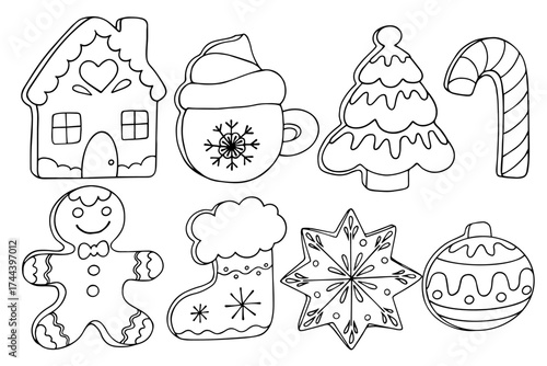 A collection of sketches and outlines of festive Christmas baked goods, gingerbread cookies. Vector graphics.
