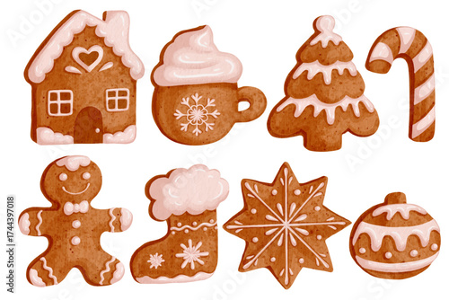 A collection of festive Christmas baked goods and gingerbread cookies. Vector graphics.
