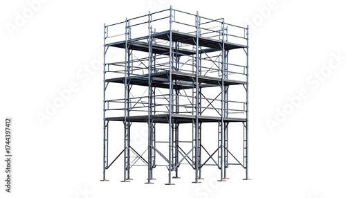 Steel frame structure isolated on black background, multi-tiered with horizontal supports