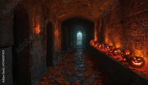 Passaggio sotterraneo inquietante con fila di Jack-o'-lantern minacciose e pavimento coperto di foglie autunnali.