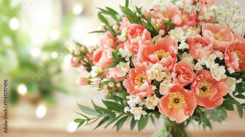 Beautiful bouquet of coral flowers in a bright indoor setting
