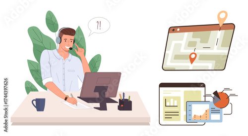 Customer service agent using headset at desk with computer, map navigation, and analytics dashboard. Ideal for customer service, support, tech assistance, communication, navigation, analytics