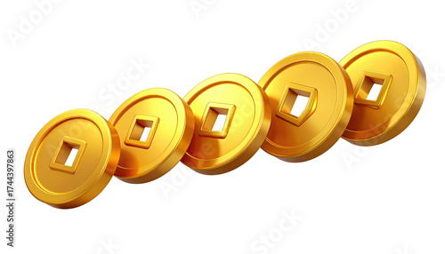 Golden Chinese coins in a row, slightly angled, with square holes, against black