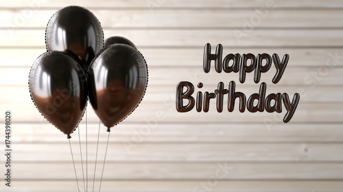 Wallpaper Mural Black balloons float beside the words Happy Birthday, adding a touch of elegance to the celebratory setting on a wooden background Torontodigital.ca