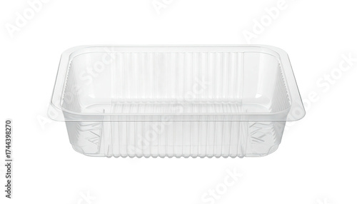 A transparent, rectangular plastic container with ridged sides and a lip, seen against black
