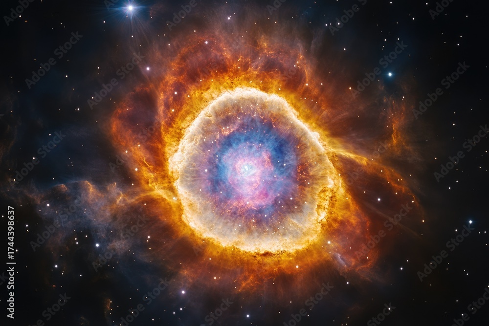 Naklejka premium The vibrant Helix Nebula, an eye-like planetary nebula, reveals a dying star's expelled gas and dust in brilliant cosmic colors.