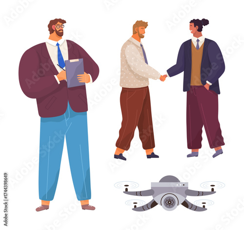 Three individuals in formal attire, one holding documents and two shaking hands, highlighting collaboration. Includes a quadcopter showcasing technology. Ideal for teamwork, innovation, partnership