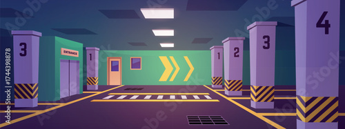 Underground parking with elevator, door, numbered spaces, markings, burning lamps.