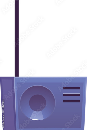 Vintage radio with round speaker, antenna, purple. Equipment music playback.