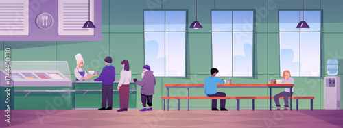 Interior of public canteen, with windows, chairs, tables, display case, characters.