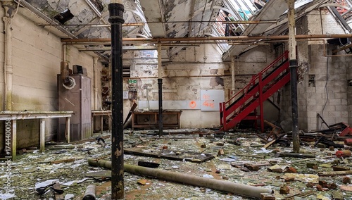 Abandoned factory collapsing interior ceiling, broken glass skylights, eerie old industrial warehouse wasteland. Derelict mill rusted debris, crumbling walls. Deserted post apocalyptic building decay