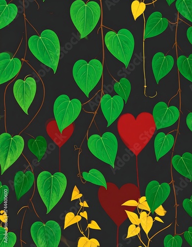 Arrangement of Heart-Shaped Leaves and Hearts on Dark Background
