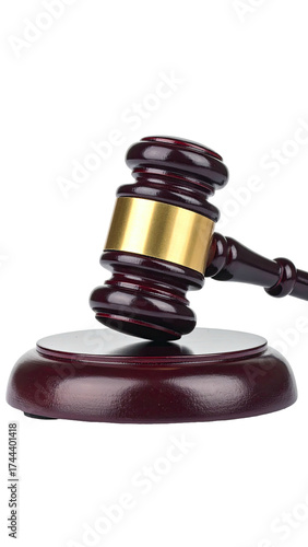 Wooden gavel and sound block, detailed, shot at eye-level against a black background