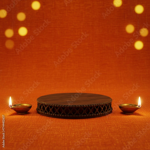 Diwali celebrations diwali diya decorations and podium in the orange background © PictoAi
