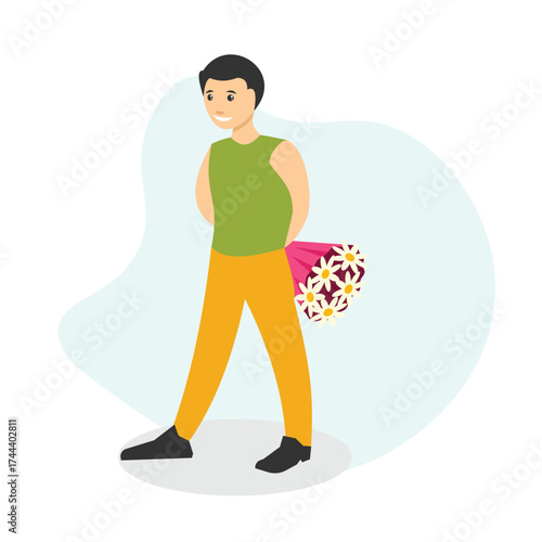 Romantic surprise man with flowers behind back illustration