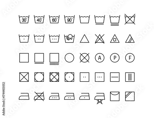 Laundry Care Icon Set with Washing, drying, ironing, bleach, clothing labels, garment care, textile symbols, fabric instruction, cleaning guide icons