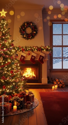Wallpaper Mural Warm christmas living room with decorated tree and fireplace, background Torontodigital.ca