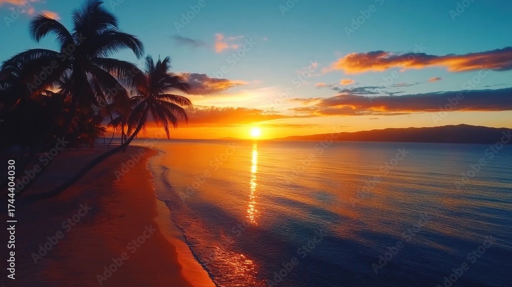 Obraz premium Stunning sunset over tranquil beach with swaying palm trees