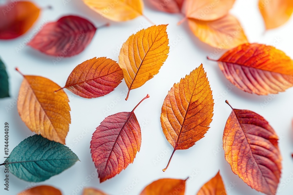 Obraz premium A beautiful top-down view of vibrant autumn leaves scattered across a light background. Rich reds, oranges, and yellows showcase the seasonal change, creating a colorful and serene natural pattern.