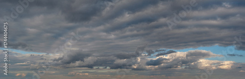 Big panorama of dramatic sky with dark clouds, background