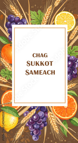 Sukkot celebration banner with fruits and wheat 