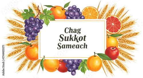 Festive Sukkot illustration on white background, harvest holiday  