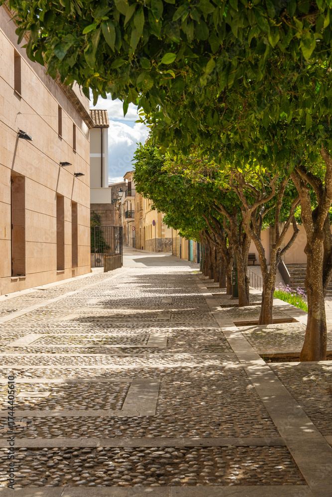 Obraz premium Picturesque street in Arta, traditional town on island of Mallorca. Mediterranean architecture, warm colors, peaceful atmosphere. Popular travel destination in Spain.