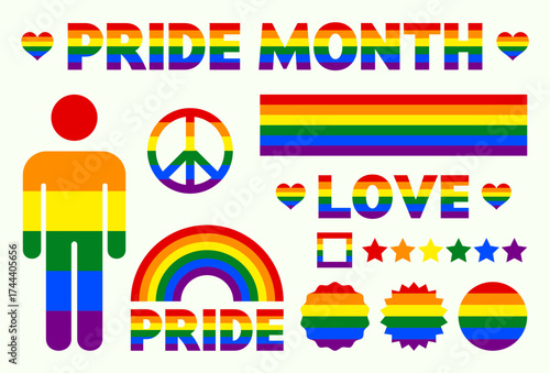 Set of vector elements for pride month.Shapes and symbols set with LGBT Rainbow flag colors.