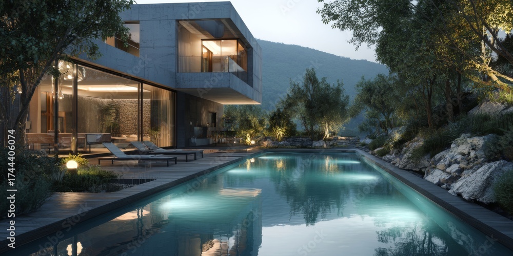 Fototapeta premium Modern architectural design of a stylish house with large windows and a swimming pool surrounded by greenery and natural light