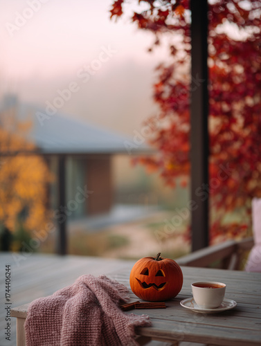 Carved jack o’lantern pumpkin with steaming mug, cozy blankets, and cinnamon sticks on a table near a cabin in autumn woods.