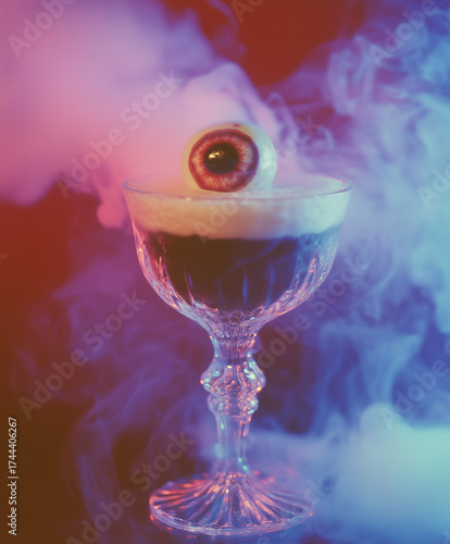 Spooky Halloween cocktail decorated with fake eyeball with a mysterious smoke, trendy retro film camera effect