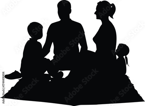 Family Sitting On Picnic Blanket Silhouette | Outdoor Leisure Vector Illustration