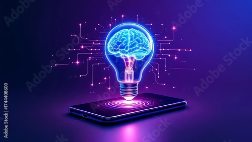 Artificial intelligence brain lightbulb smartphone technology innovation concept design on transparent background