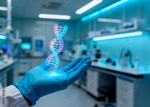 detalhe de mão com cromossomos e dna projetado com hologramas em laboratório do futuro